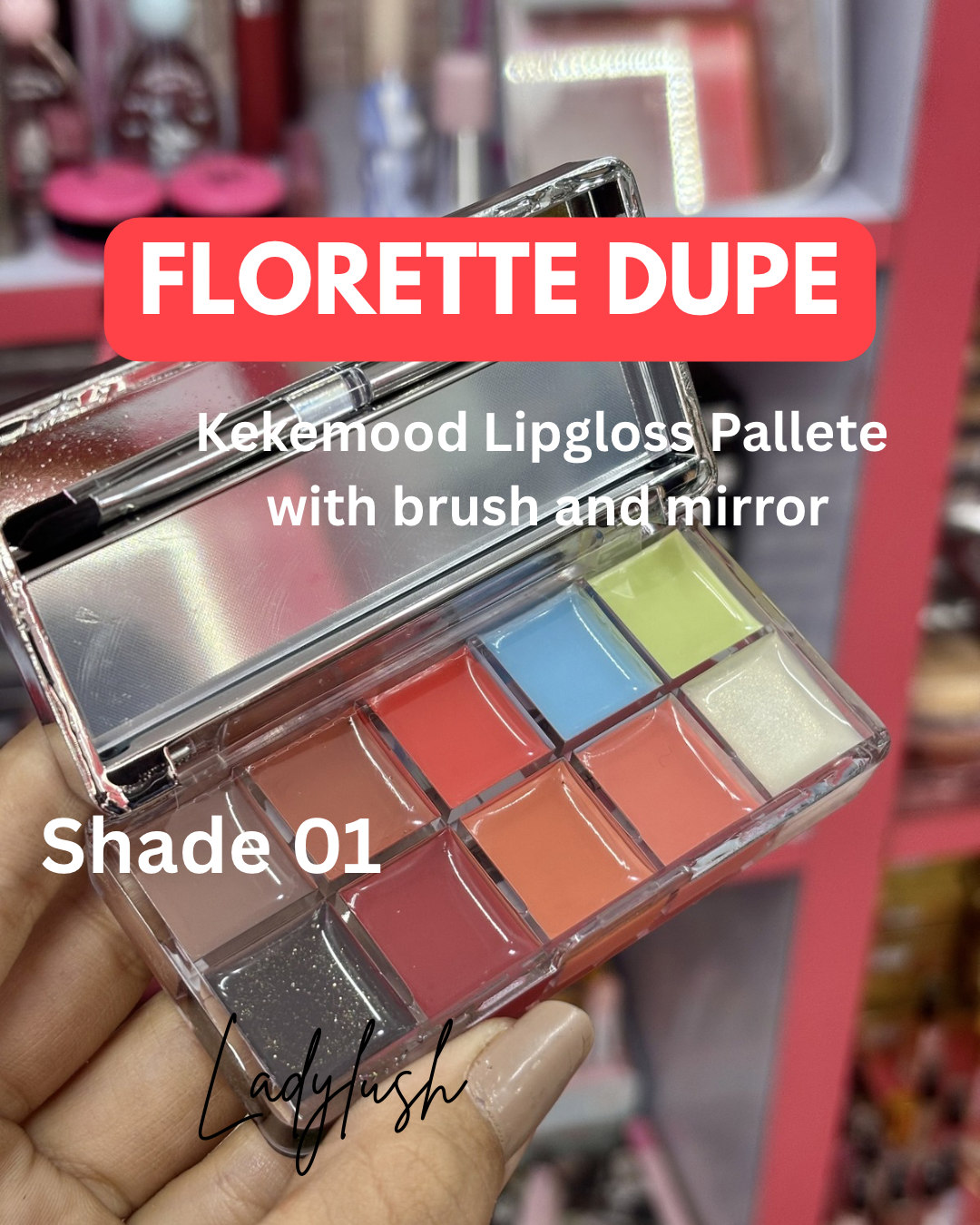 FLORETTE dupe Kekemood Lipgloss Pallete with applicator and mirror