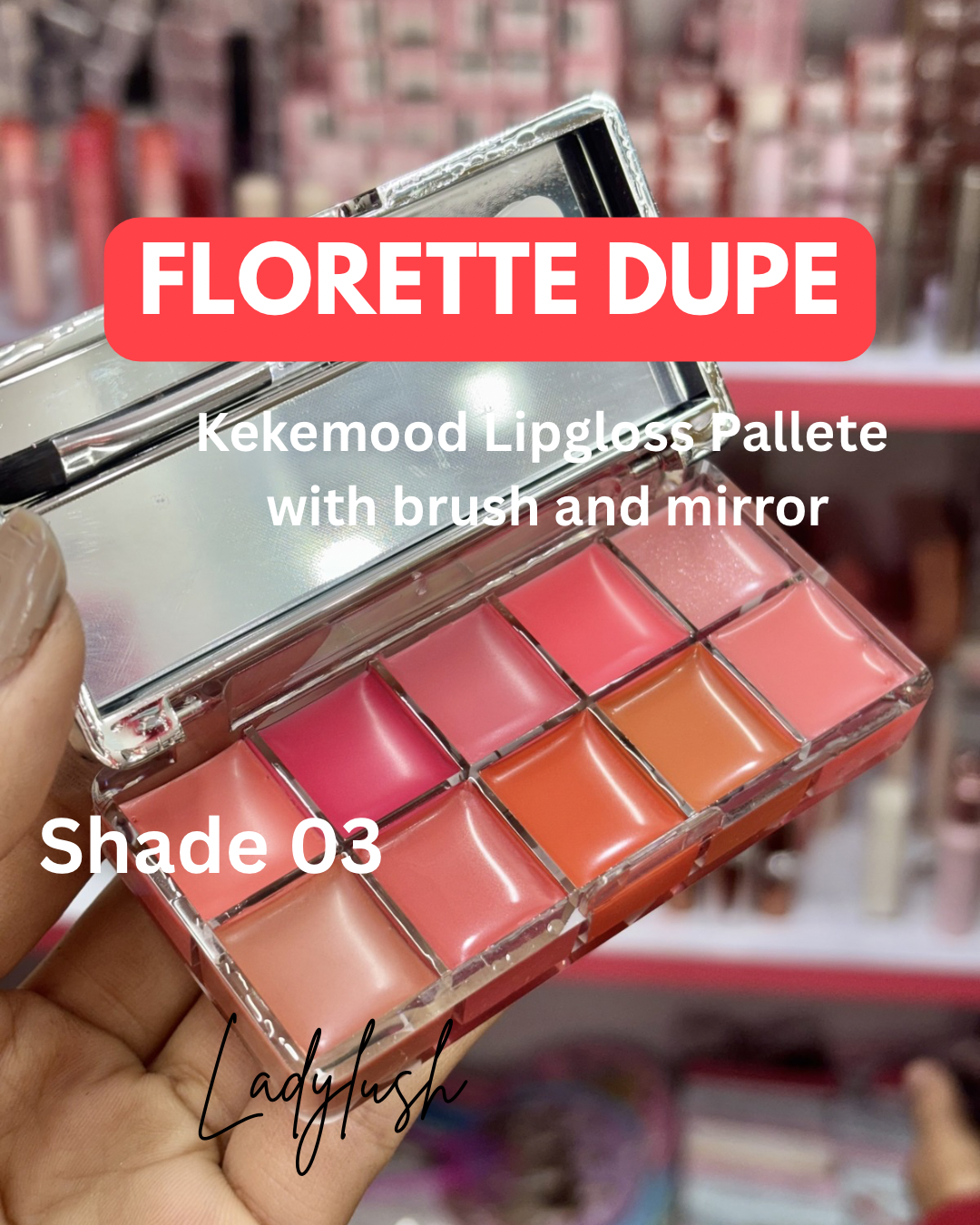 FLORETTE dupe Kekemood Lipgloss Pallete with applicator and mirror