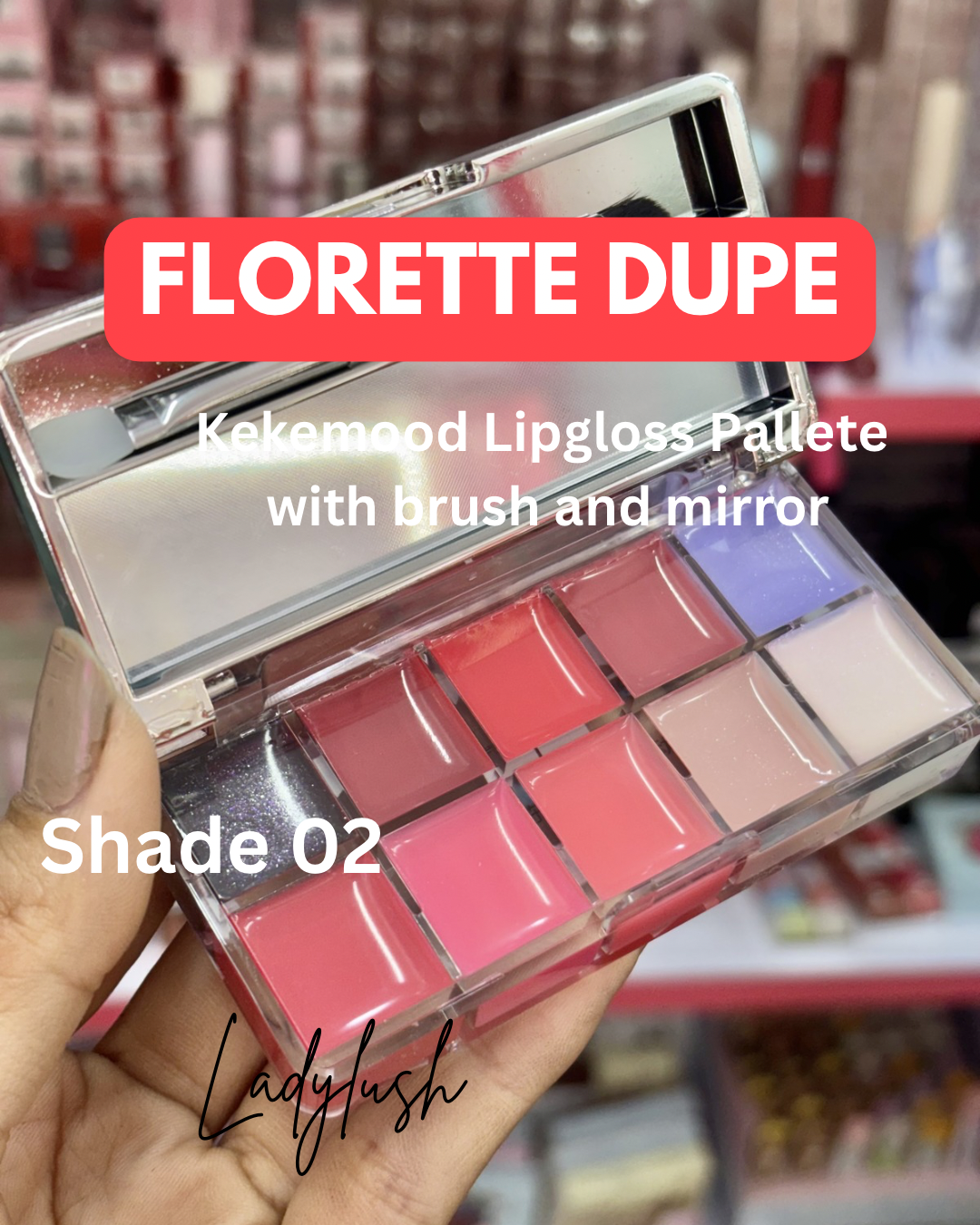 FLORETTE dupe Kekemood Lipgloss Pallete with applicator and mirror